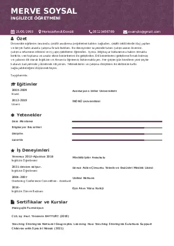 Yabancı Dil Öğretmeni Cv Örnekleri cv indir